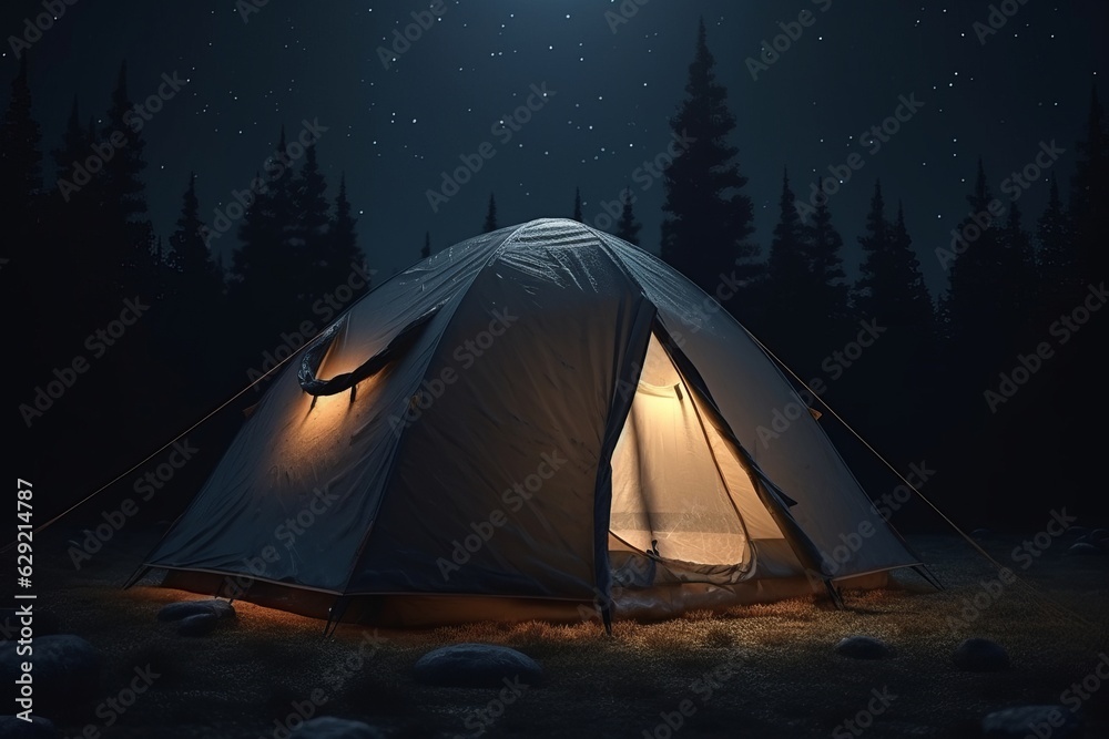 Camping tent in the mountains at night with starry sky background