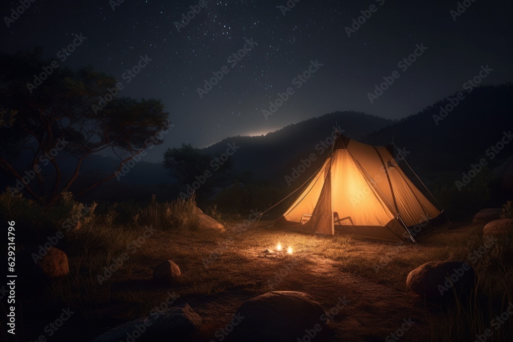 Camping in the mountains at night with a beautiful starry sky