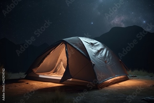 Camping tent in the mountains at night with starry sky.