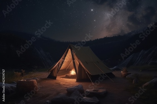 Night camping in the mountains with a tent and a bonfire.