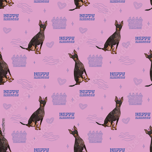 Happy Birthday Pattern with English toy terrier in a party hat, seamless Holiday background with birthday elements icons. Repeatable tiles, wrapping paper, pink art deco wallpaper with line art cake.