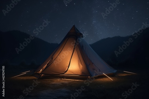 Tent in the mountains at night with starry sky background.