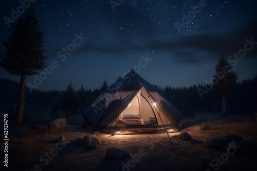 Night camping in the mountains. Tourist tent in the middle of the night forest.