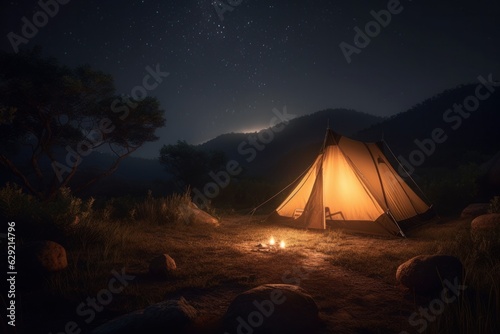 Camping in the mountains at night with a beautiful starry sky