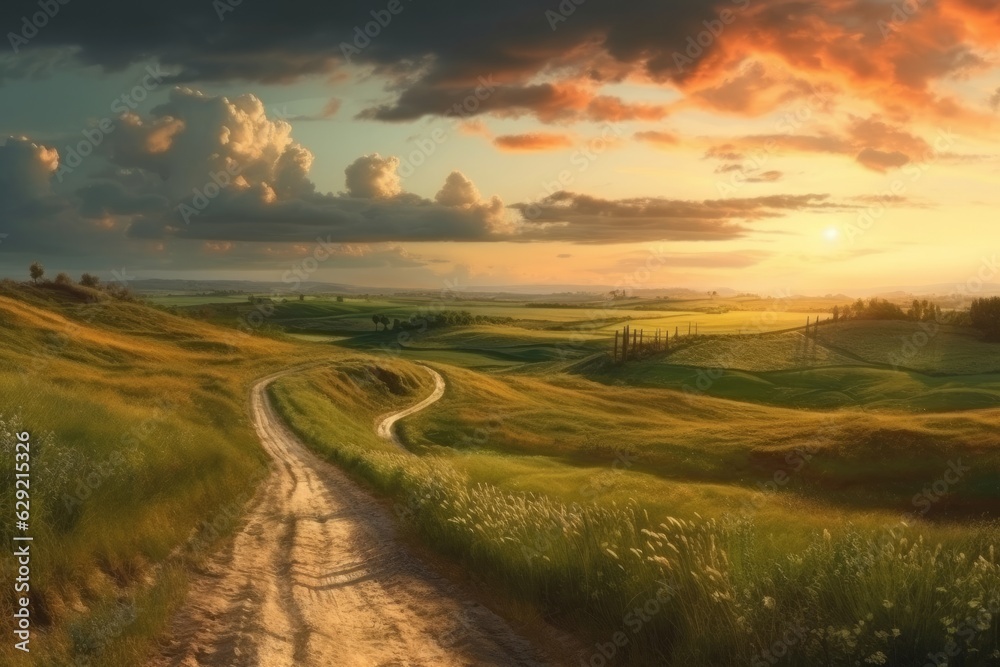 Dirt road in the meadow at sunset, Tuscany, Italy