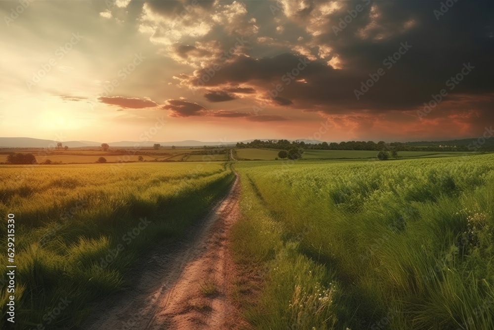 Obraz premium Dirt road through green field at sunset. Beautiful rural landscape.