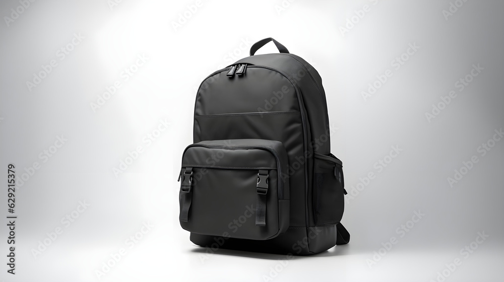 Fototapeta premium black backpack isolated on a white background Back to school, education, childhood, primary school theme.