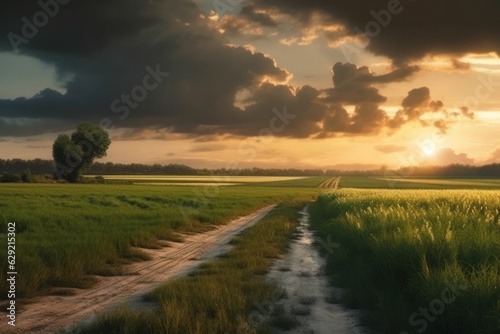 Sunset in the rice field. Beautiful landscape with cloudy sky.
