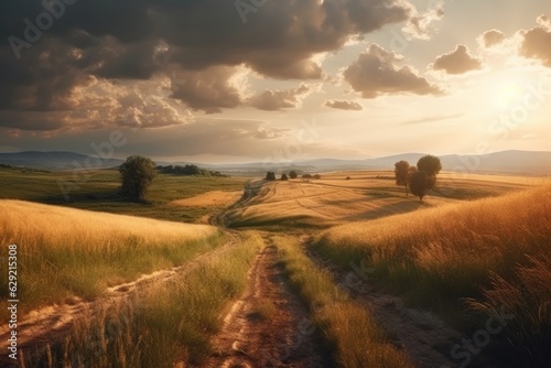 Dirt road in the meadow at sunset. Beautiful summer landscape