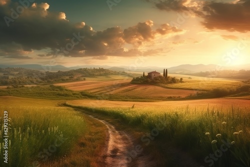 Beautiful sunset in Tuscany, Italy. Rural landscape.