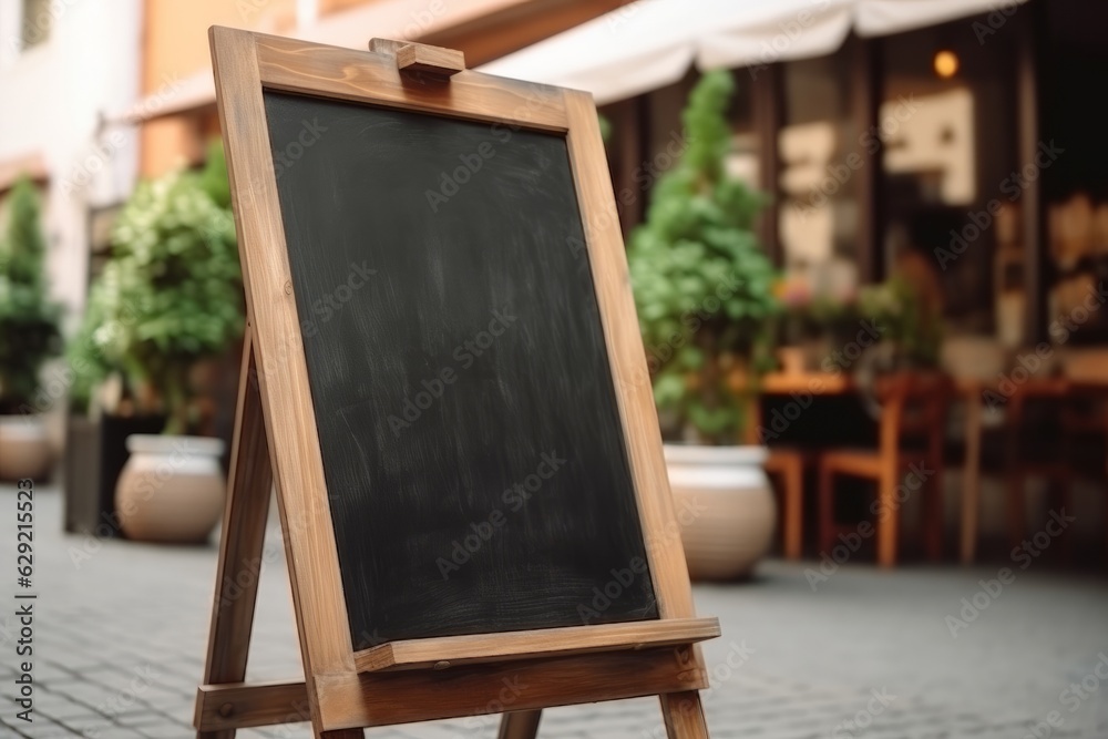 Blank blackboard on a wooden easel in a cafe.