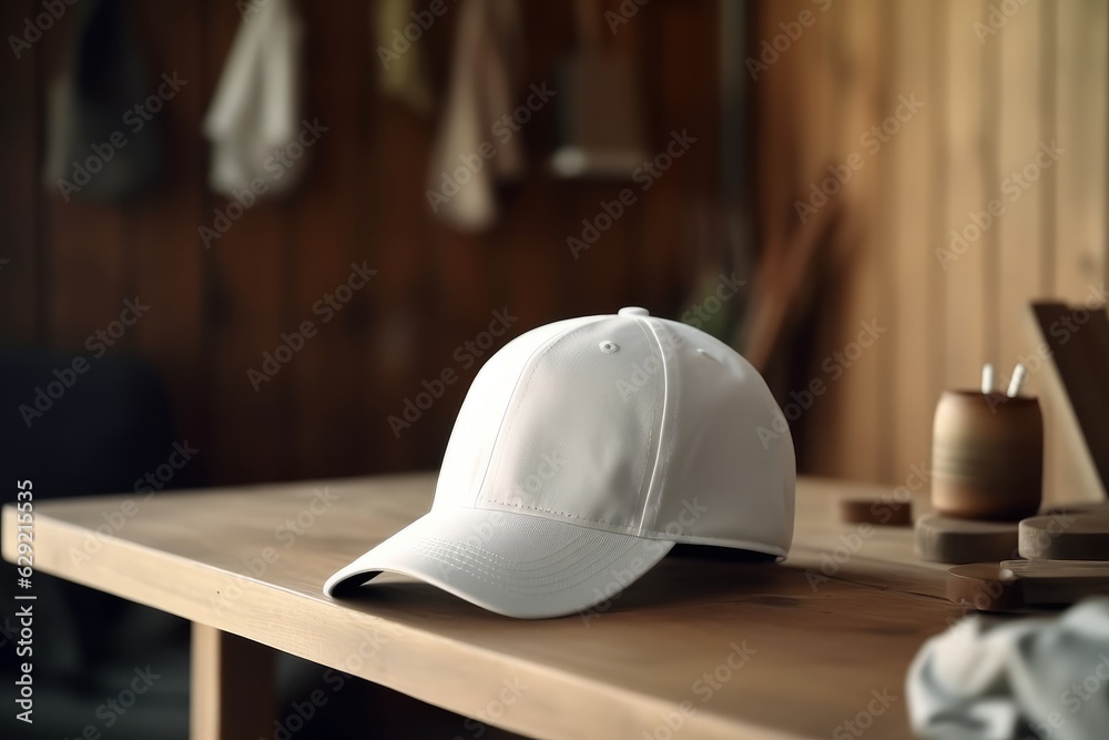 White baseball cap on wooden table in cafe. Mockup for design White baseball cap on wooden table in cafe. Mockup for design