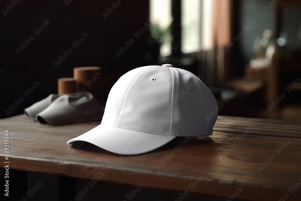 Baseball cap on wooden table in cafe. Mock up for design Baseball cap on wooden table in cafe. Mock up for design