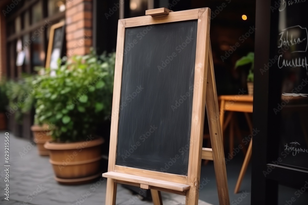 Restaurant menu mockup. Blank blackboard on wooden stand.