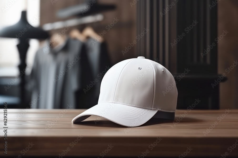 Baseball cap on wooden table in store. Mock up for design Baseball cap on wooden table in store. Mock up for design