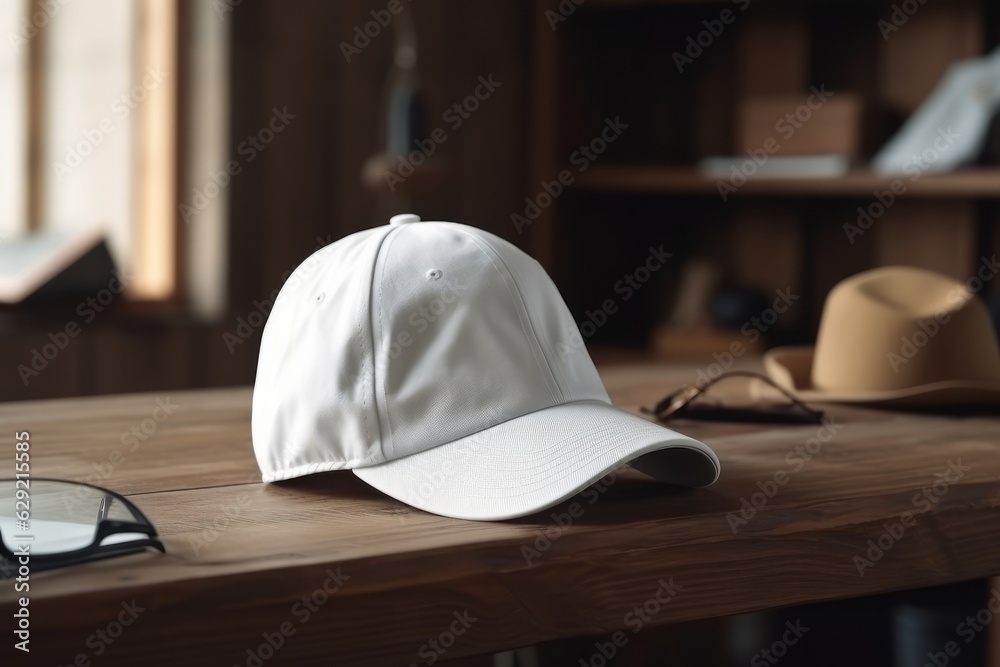 White baseball cap on the wooden table in the cafe, stock photo White baseball cap on the wooden table in the cafe, stock photo