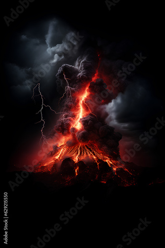 lightning strikes an erupting volcano on black background