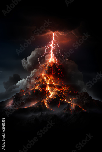 lightning strikes an erupting volcano on black background