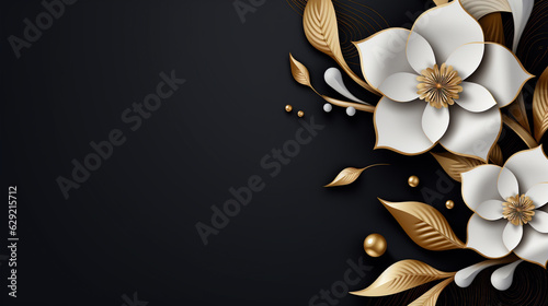 abstract black and gold and white floral pattern background, generative ai