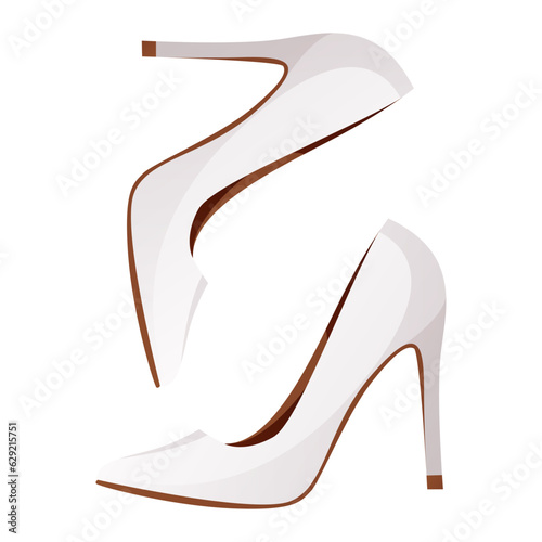 Wedding pair of white bride high heel shoes. Bride's slipper. Her happy day. Wedding day accessories, decorations. Celebrate marriage, save the date ceremony. Vector