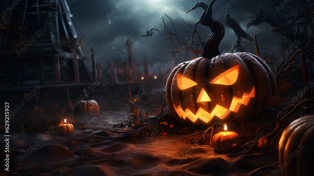 Naklejka premium scary halloween pumpkin in the night background. 