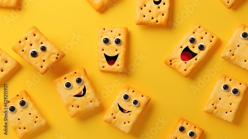 Cheerful cartoon crackers on a yellow background