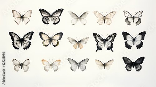 set of various butterflies on a white background