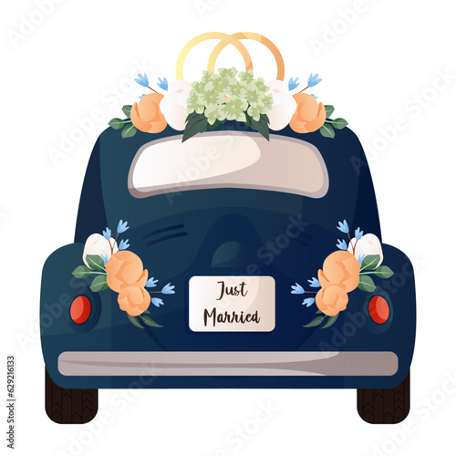 Wedding rings on retro car with flowers and sign board Just Married. Bride and groom getaway car. Wedding day accessories, decorations. Celebrate marriage, save the date ceremony. Vector