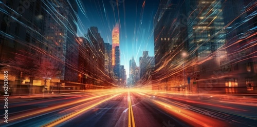 Fast moving cars in the city at night with high speed motion blur