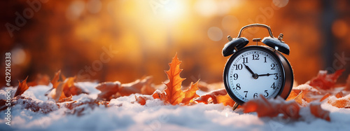 alarm clock on snow with leaves, generative ai