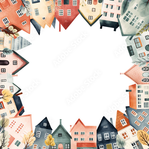 Cityscape frame, scandinavian houses. European town, frame with houses for your design, template.