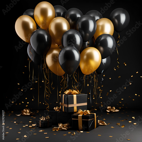 Gold balloons and luxury gifts bunch on a black wall background generative AI