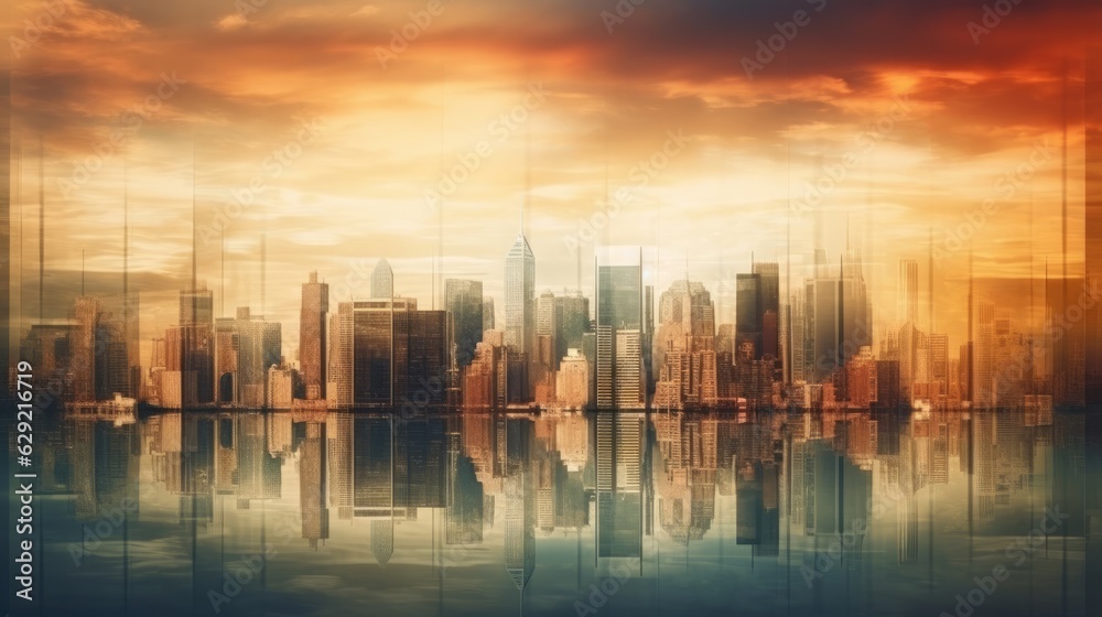 Double exposure of cityscape at sunset. Business and finance concept.