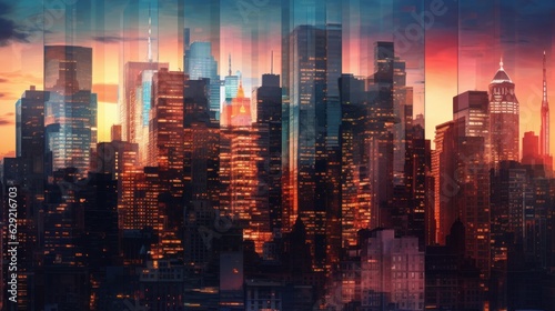 Double exposure of New York City skyline and skyscrapers at sunset