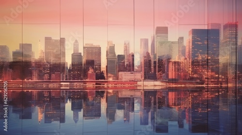 Double exposure of skyscrapers and cityscape at sunset with reflection