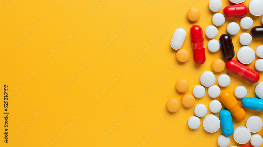 top view of medicine pills on orange background, generative ai