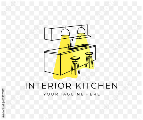 Interior of modern kitchen, living room, home and house, graphic design. Exterior, furniture, table, kitchen island, crockery, lamps and cabinets, vector design and illustration