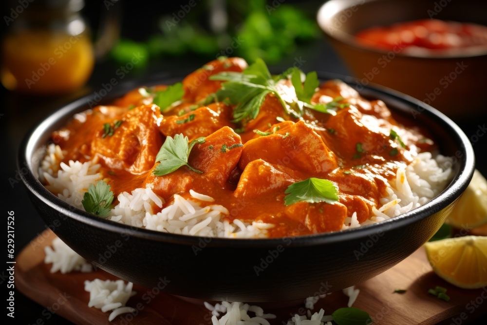 Chicken tikka masala with rice and tomato sauce. Indian cuisine