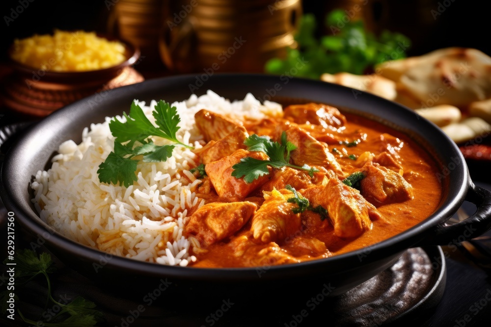 Chicken tikka masala with rice and naan. Indian cuisine
