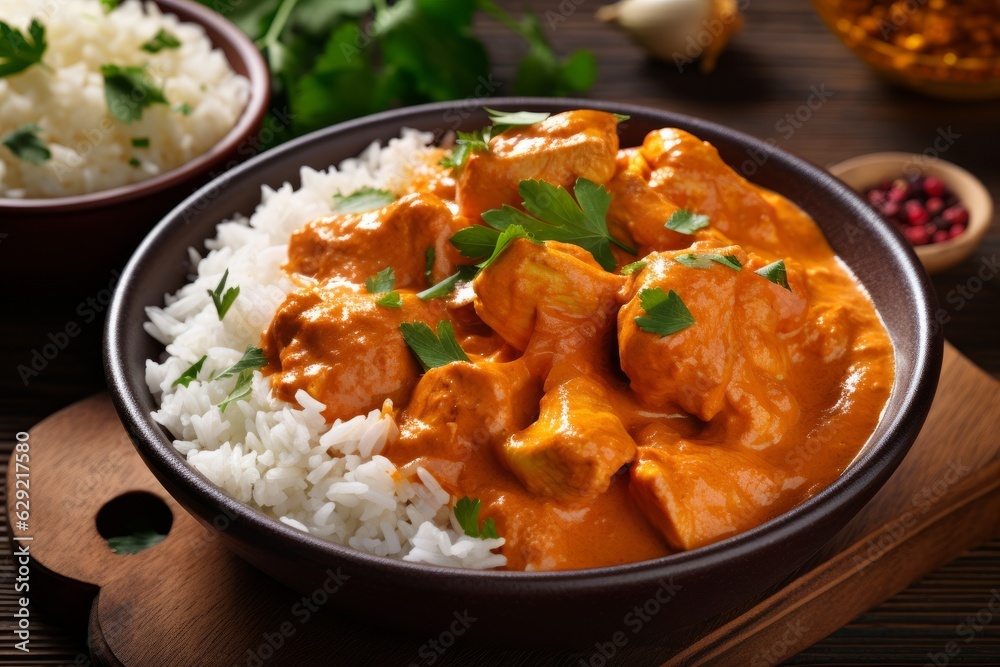 Chicken tikka masala with rice in a bowl on wooden background