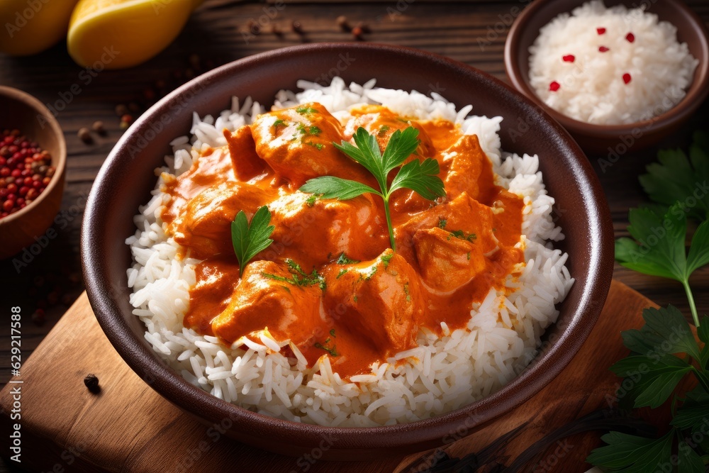 Chicken tikka masala with rice in bowl on wooden background Chicken tikka masala with rice in bowl on wooden background