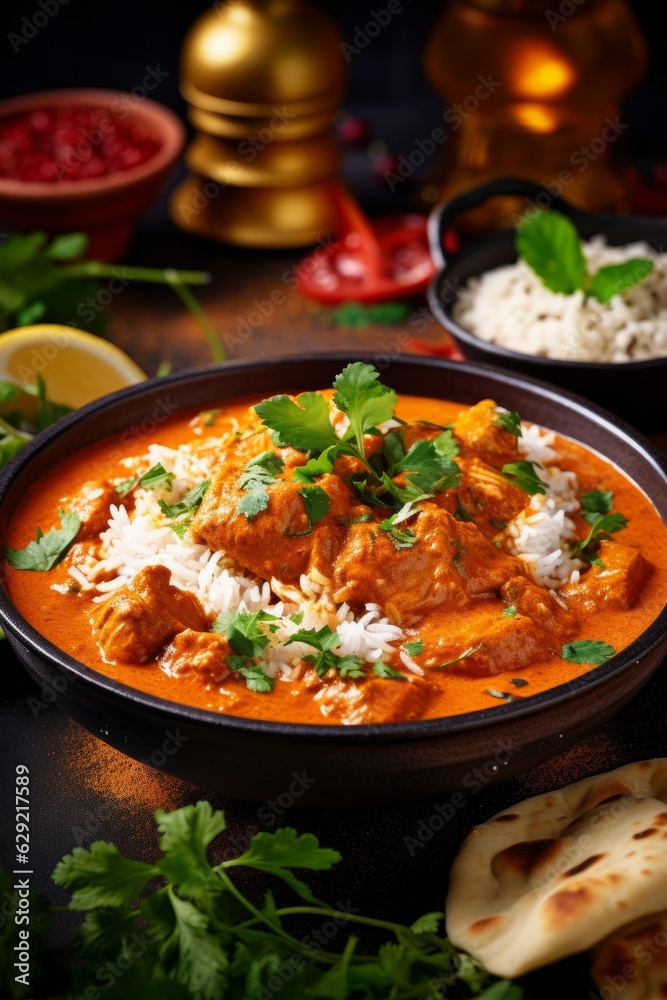 Chicken tikka masala with rice and spices. Indian cuisine