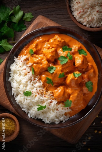 Chicken tikka masala with rice and spices on wooden background