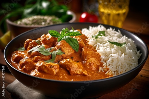 Chicken tikka masala with rice in a bowl on wooden background
