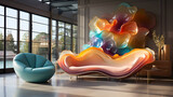 Modern living room interior with colorful wavy design wall. 3d rendering mockup
