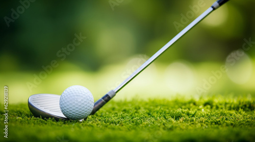 golf ball and golf club on grass, generative ai