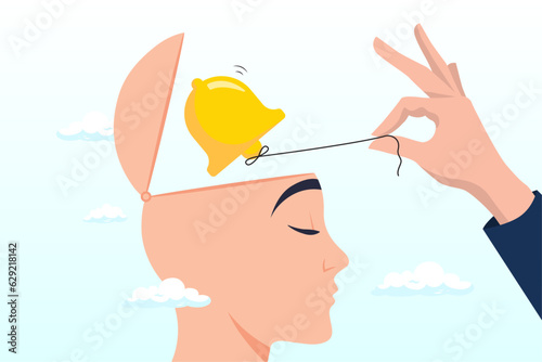Man ringing the bell in his self brain head metaphor of awareness of his exist, self awareness, psychological state in individuality of behaviour or feeling, self acceptance or personality (Vector) photo