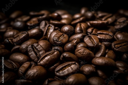 Roasted coffee beans on a dark background. Selective focus. Toned.