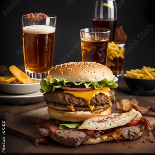 Burger with fries and beverages on the wood table. Generative Ai