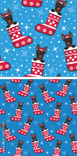 Pattern design with english toy terrier in stockings, seamless pattern. Repeatable textile, wrapping paper, blue background graphic design. Christmas winter wallpaper with snowflakes, dog in hats